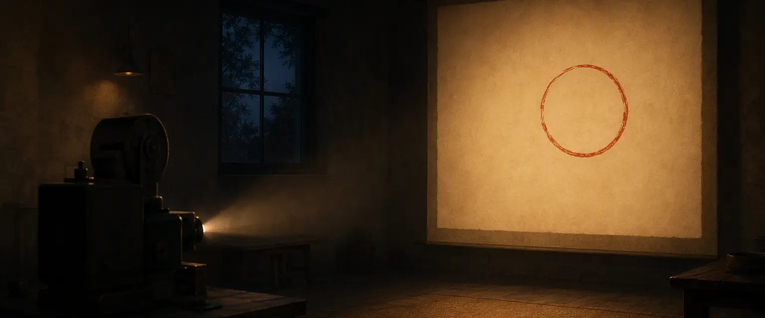 An empty projection room with a red cue ring held on a warm paper screen